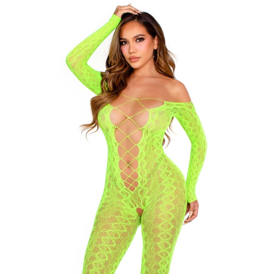 LEG AVENUE - BODYSTOCKING SEM BASE EXÓTICO RENDA DE COBRA VERDE NEON