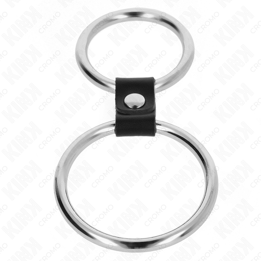 KINK - ANEL DE PÊNIS DUPLO DE METAL 3,7 CM A 5 CM CONECTADO POR TIRA DE COURO MODELO 1