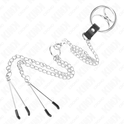 KINK - ANEL DE PÊNIS DE METAL TRIPLO CROMADO DE 3 CM A 4,5 CM COM CORRENTE DE METAL DE 26 CM E CLIPES DE MAMILO