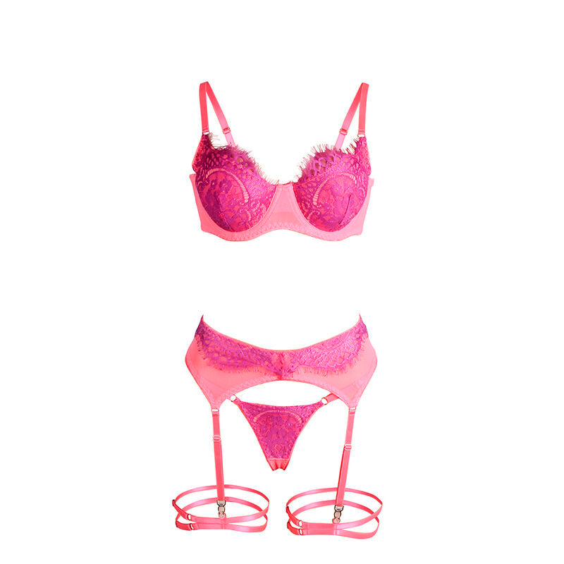 SUBBLIME - 955359 CONJUNTO DE SUTIÃ COM RENDA E LIGAS ROSA E ROXO S/M