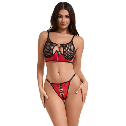SUBBLIME - 955533 CONJUNTO DE SUTIÃ DE COURO VERMELHO COM ZÍPER DE MALHA S/M