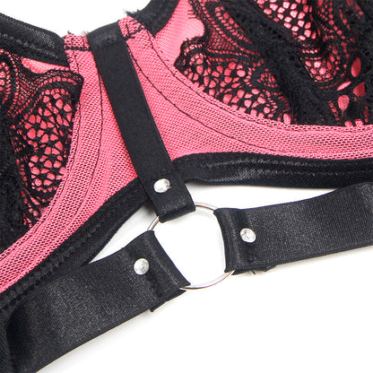 SUBBLIME - 955588 CONJUNTO DE SUTIÃ DE COURO VERDE COM ZÍPER DE MALHA ROSA L/XL