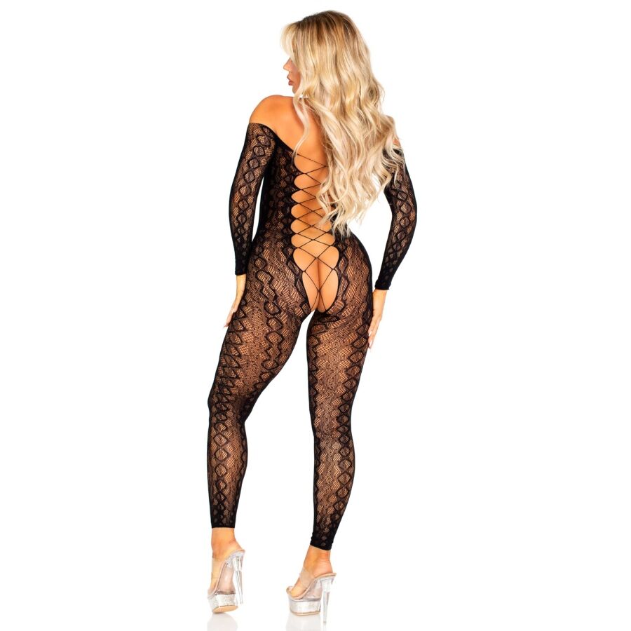 LEG AVENUE - BODYSTOCKING SEM FUNDO EM RENDA DE COBRA EXÓTICA PRETA
