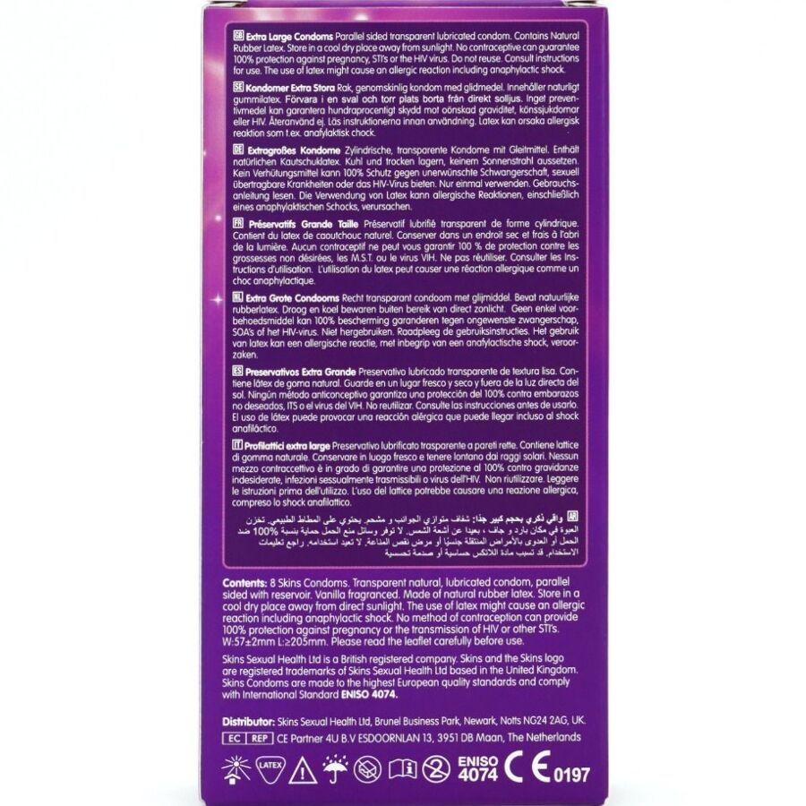 SKINS - PRESERVATIVOS EXTRA GRANDE PREMIUM PACOTE COM 8