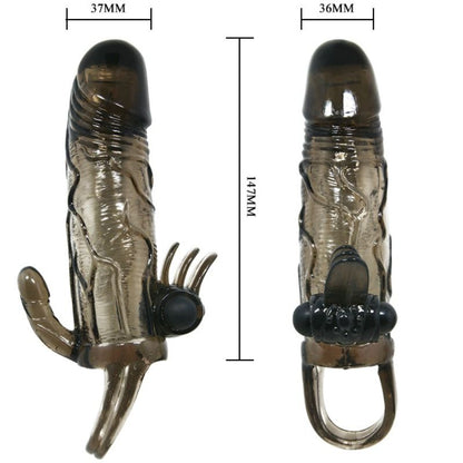 BAILE - CAPA PARA PÉNIS BRAVE MAN COM ESTIMULAÇÃO CLITÓRICA E ANAL DUPLA BALA PRETA 16.5 CM